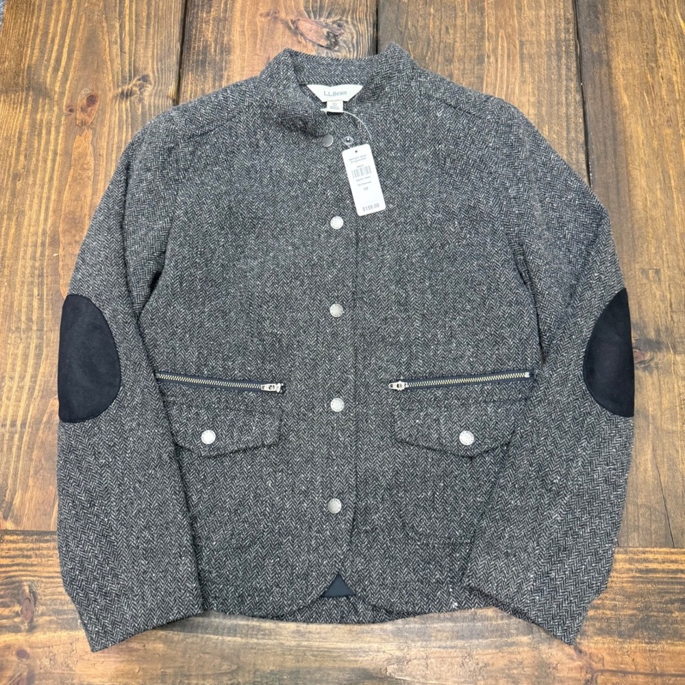 LLBean Stonington Jacket Dark Charcoal Herringbone Wool Blend Womens XS Petite